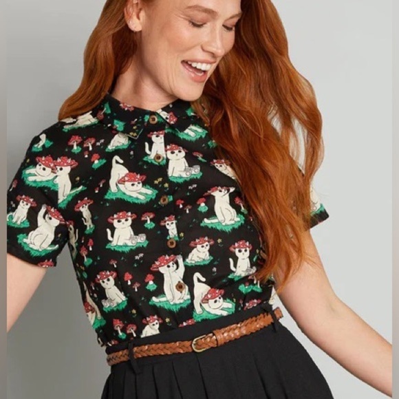 Kitty's Day Trip Button-Up Top By Dangerfield, Black Cats, Size 10 AU, NWT - Picture 1 of 10